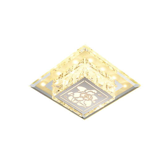 Contemporary Square Led Flush Light With Crystalline Facets In Chrome – Elegant Flower Pattern