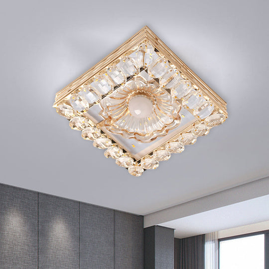 Gold Led Crystal Ceiling Lamp: Minimal Round/Square Design With Flower Shade / Square Plate