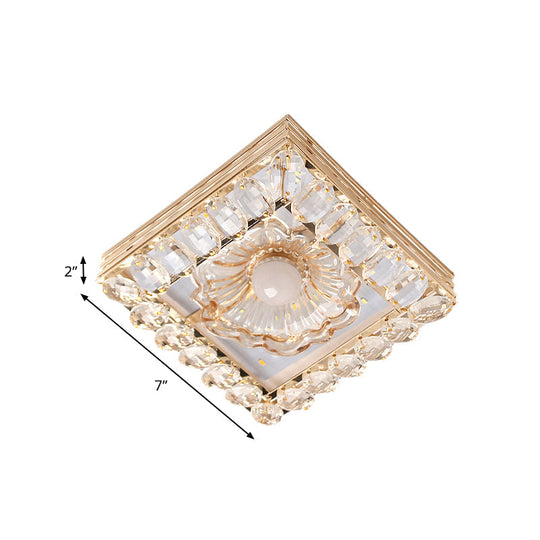 Gold Led Crystal Ceiling Lamp: Minimal Round/Square Design With Flower Shade