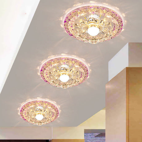 Minimalist Led Purple Porch Flush Mount Lamp With Faceted Crystal Design
