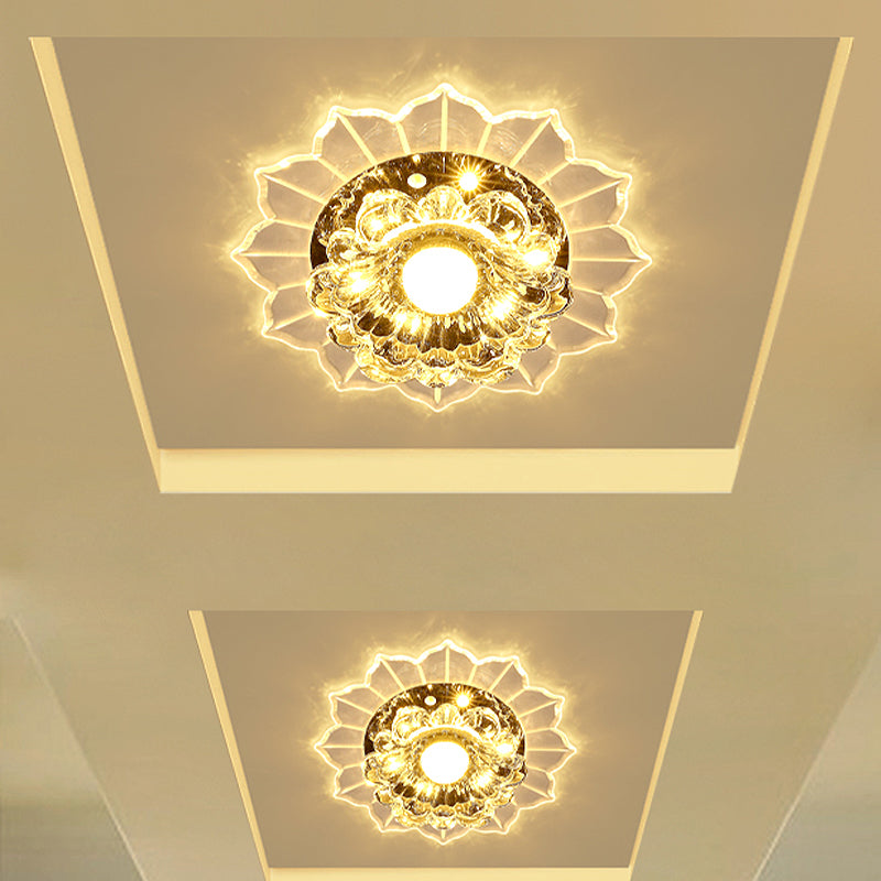 Modern Led Flush Mount Ceiling Light With Clear Crystal Flower Design Available In Warm/Blue/Pink /
