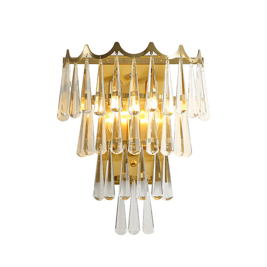 Gold Teardrop Crystal Wall Sconce With 2 Lights - Modern 3-Tiered Design