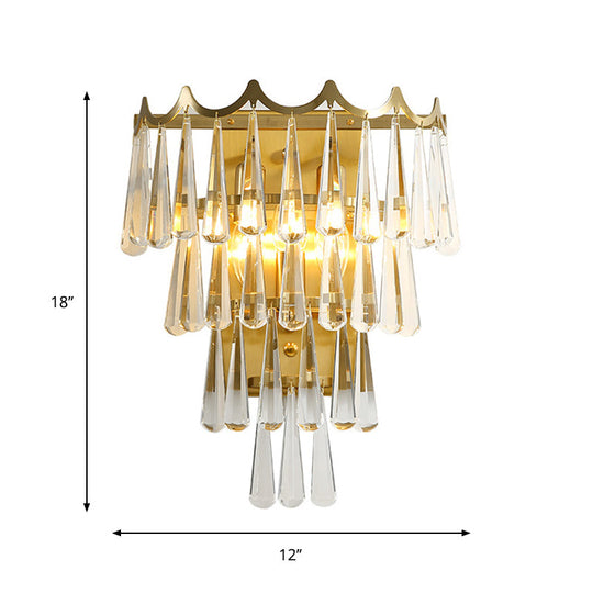 Gold Teardrop Crystal Wall Sconce With 2 Lights - Modern 3-Tiered Design