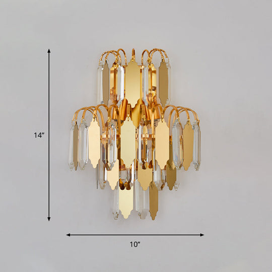 Gold Crystal Block Tiered Wall Sconce - Classic 2-Light Living Room Lighting Fixture