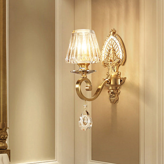 Country Style Gold Wall Mount Lighting With Cone Faceted Crystal Fixture & Swirl Arm