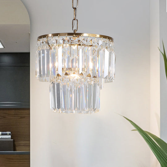 2-Layered Round Crystal Block Pendant Light With Gold Finish - Countryside Dining Room Ceiling