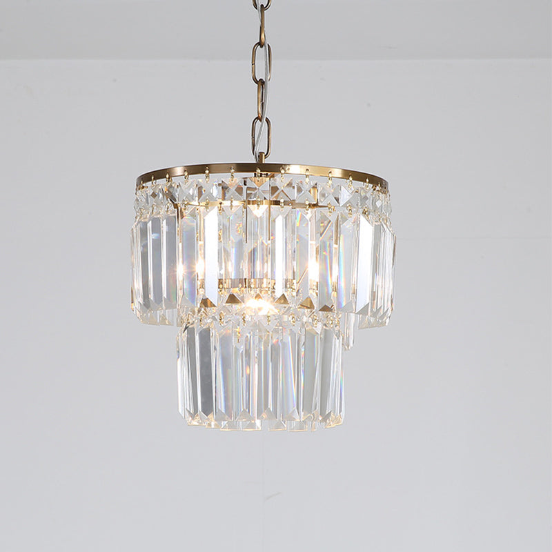 2-Layered Round Crystal Block Pendant Light With Gold Finish - Countryside Dining Room Ceiling