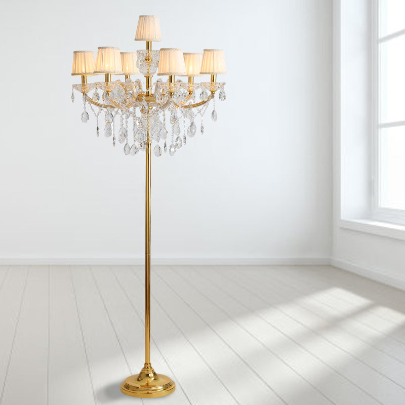 Traditional 7-Head Fabric Pleated Floor Lamp In Gold With Crystal Accent - Perfect For Living Room
