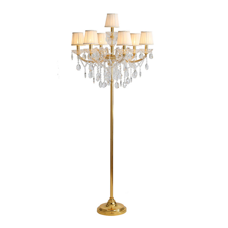 Traditional 7-Head Fabric Pleated Floor Lamp In Gold With Crystal Accent - Perfect For Living Room