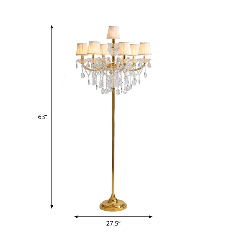 Traditional 7-Head Fabric Pleated Floor Lamp In Gold With Crystal Accent - Perfect For Living Room