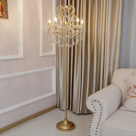Classic Style Gold Metal Standing Floor Lamp With Crystal Strand - 5 Bulbs Scroll Frame Lighting