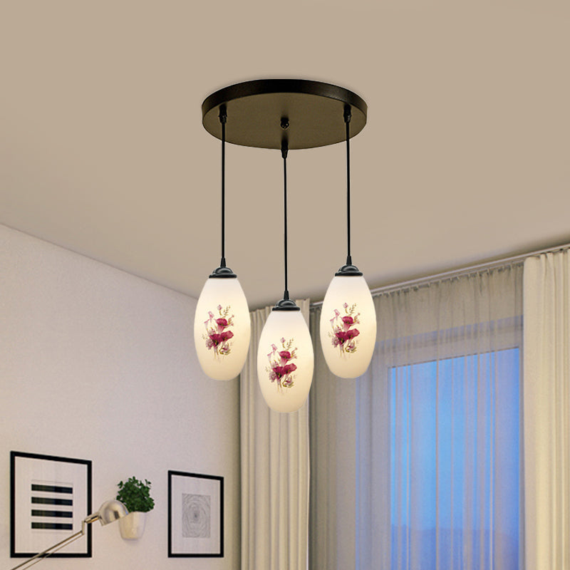 Oval Multi-Pendant Modern Ceiling Hang Fixture - 3 Lights Black Finish White Printed Glass