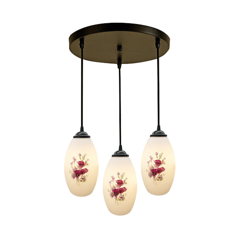 Oval Multi-Pendant Modern Ceiling Hang Fixture - 3 Lights Black Finish White Printed Glass