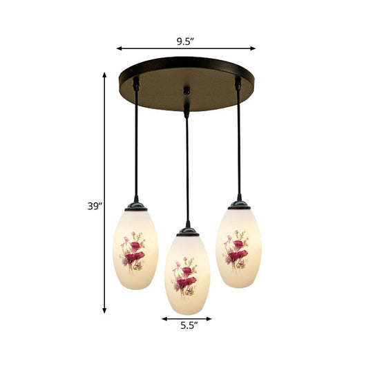 Oval Multi-Pendant Modern Ceiling Hang Fixture - 3 Lights Black Finish White Printed Glass