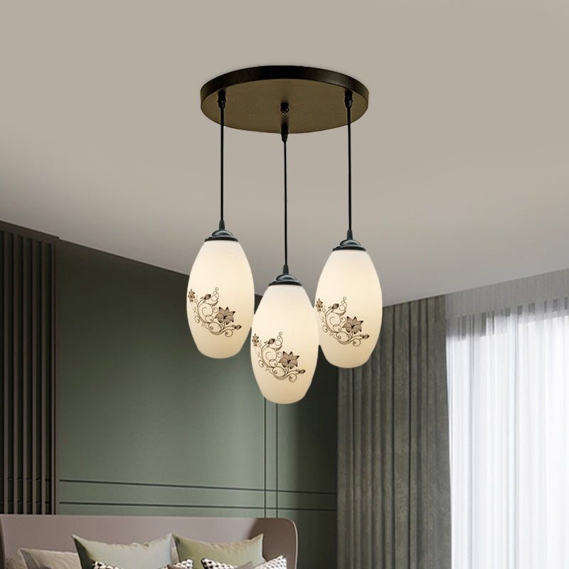 Oval Multi-Pendant Modern Ceiling Hang Fixture - 3 Lights Black Finish White Printed Glass
