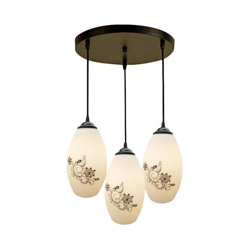 Oval Multi-Pendant Modern Ceiling Hang Fixture - 3 Lights Black Finish White Printed Glass