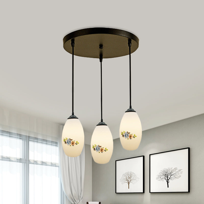 Oval Multi-Pendant Modern Ceiling Hang Fixture - 3 Lights Black Finish White Printed Glass