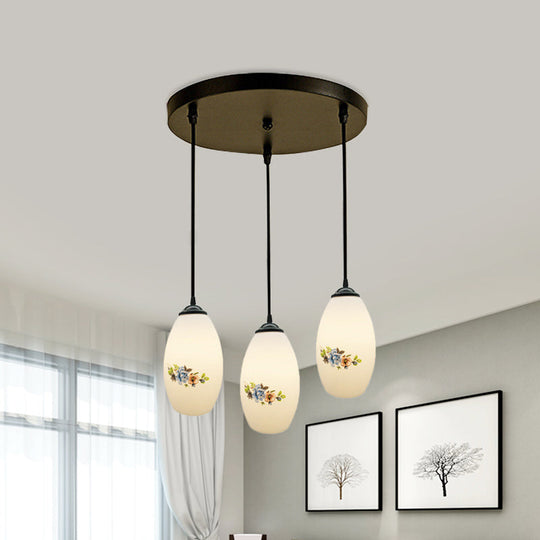 Oval Multi-Pendant Modern Ceiling Hang Fixture - 3 Lights Black Finish White Printed Glass