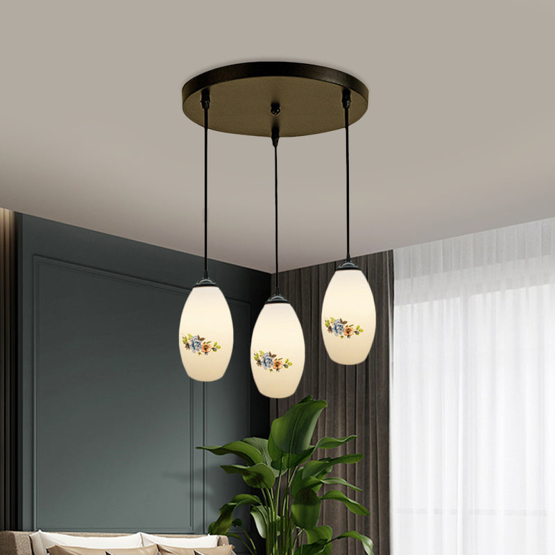 Oval Multi-Pendant Modern Ceiling Hang Fixture - 3 Lights Black Finish White Printed Glass