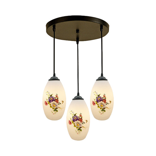 Oval Multi-Pendant Modern Ceiling Hang Fixture - 3 Lights Black Finish White Printed Glass