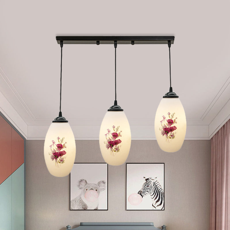 Oval Multi-Pendant Modern Ceiling Hang Fixture - 3 Lights Black Finish White Printed Glass