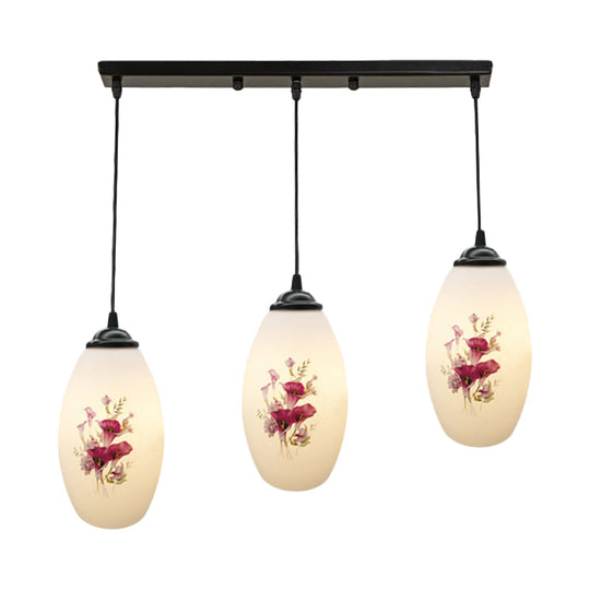 Oval Multi-Pendant Modern Ceiling Hang Fixture - 3 Lights Black Finish White Printed Glass