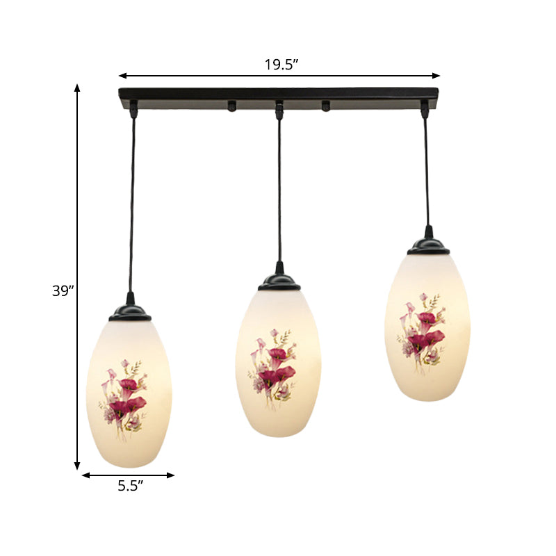 Oval Multi-Pendant Modern Ceiling Hang Fixture - 3 Lights Black Finish White Printed Glass