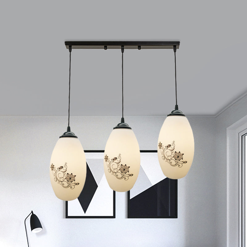 Oval Multi-Pendant Modern Ceiling Hang Fixture - 3 Lights Black Finish White Printed Glass