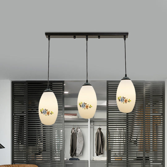Oval Multi-Pendant Modern Ceiling Hang Fixture - 3 Lights Black Finish White Printed Glass