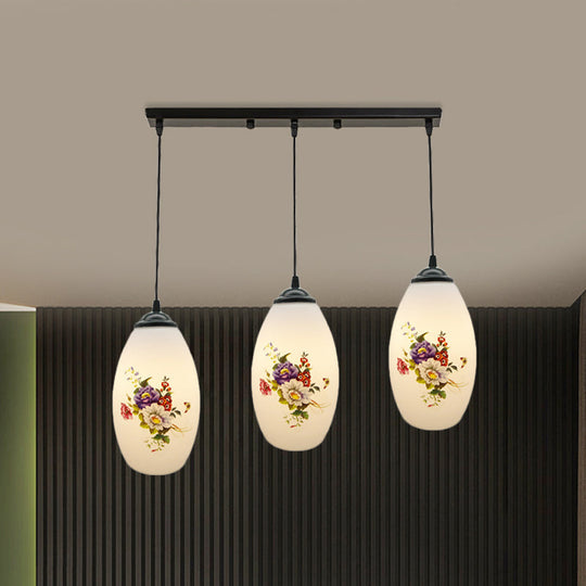 Oval Multi-Pendant Modern Ceiling Hang Fixture - 3 Lights Black Finish White Printed Glass