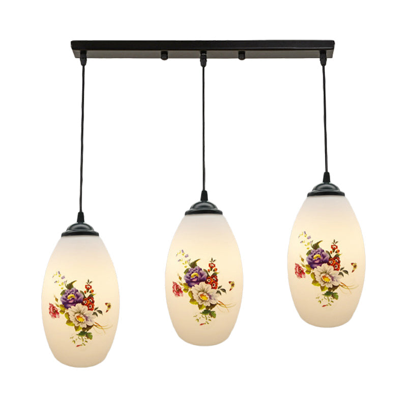 Oval Multi-Pendant Modern Ceiling Hang Fixture - 3 Lights Black Finish White Printed Glass