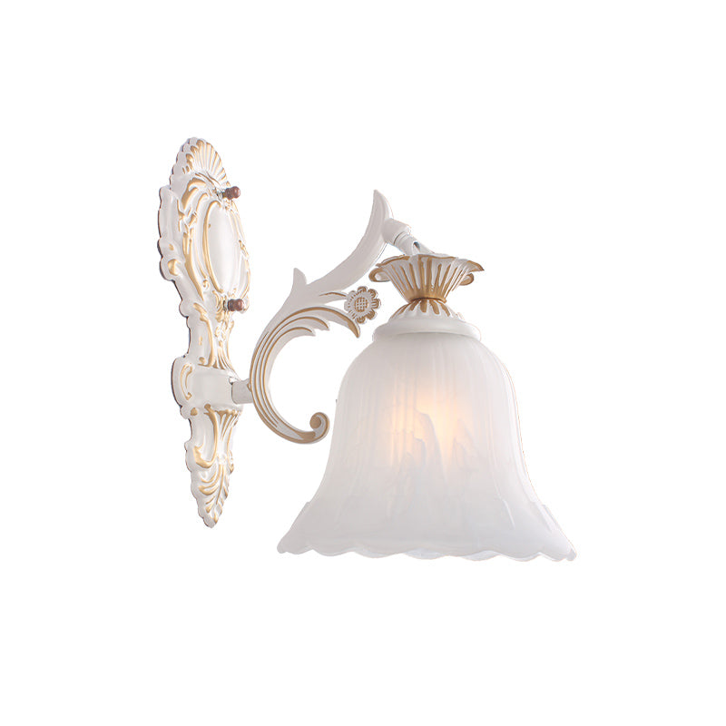 Classic Bell Sconce Light With Carved Arm - White Glass 1/2-Bulb Wall Lighting For Bedroom