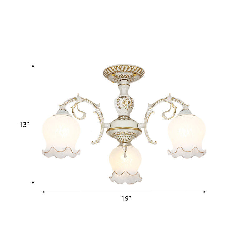 Rustic White Glass Semi Flush Mount Light Fixture With Beige Finish - Flower Living Room 3/5/6 Bulbs