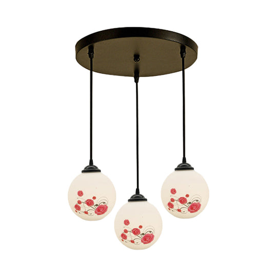Modern Black Multi-Pendant Hanging Light Kit With Flower Pattern And Frosted Glass