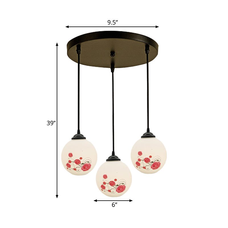 Modern Black Multi-Pendant Hanging Light Kit With Flower Pattern And Frosted Glass
