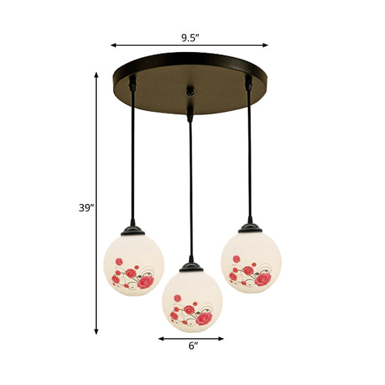 Modern Black Multi-Pendant Hanging Light Kit With Flower Pattern And Frosted Glass