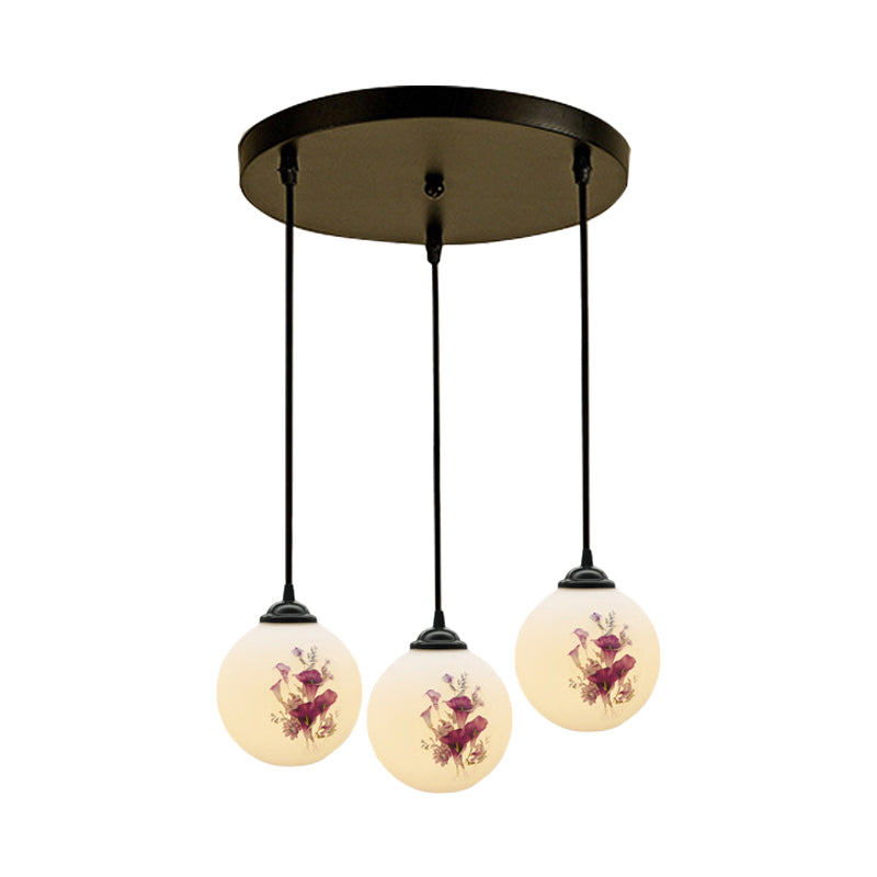Modern Black Multi-Pendant Hanging Light Kit With Flower Pattern And Frosted Glass