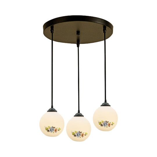 Modern Black Multi-Pendant Hanging Light Kit With Flower Pattern And Frosted Glass