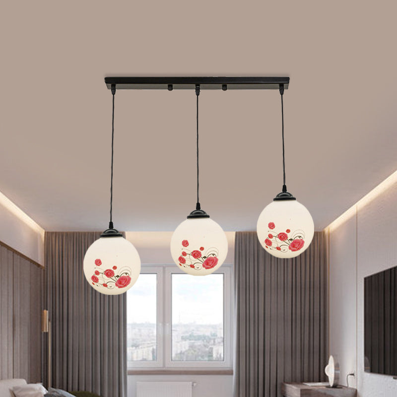 Modern Black Multi-Pendant Hanging Light Kit With Flower Pattern And Frosted Glass