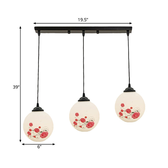 Modern Black Multi-Pendant Hanging Light Kit With Flower Pattern And Frosted Glass