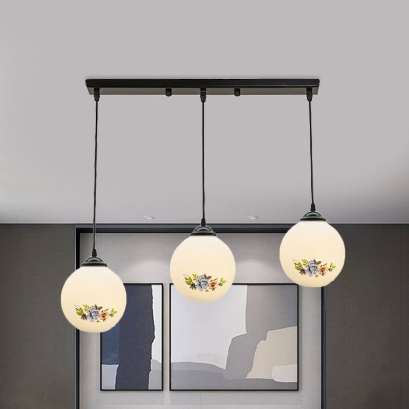 Modern Black Multi-Pendant Hanging Light Kit With Flower Pattern And Frosted Glass