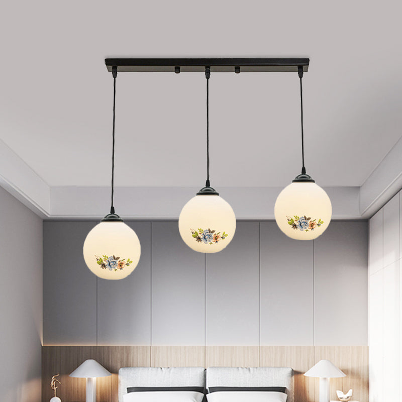 Modern Black Multi-Pendant Hanging Light Kit With Flower Pattern And Frosted Glass