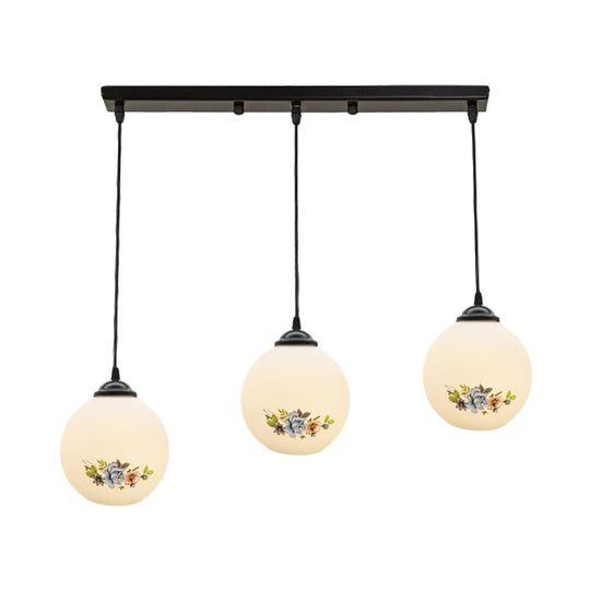 Modern Black Multi-Pendant Hanging Light Kit With Flower Pattern And Frosted Glass