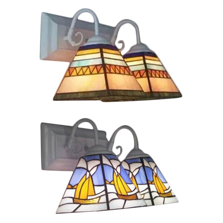 Tiffany Style Pyramid Sconce Light - Stainless Glass 2 Lights For Living Room Or Bathroom
