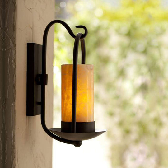 Outdoor Black Wall Sconce Light With Countryside Marble Cylindrical Design