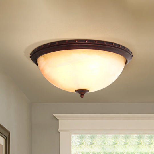 Traditional Opal Glass Bowl Flush Light Fixture - 2-Head Foyer Ceiling Mount (Brown) Brown