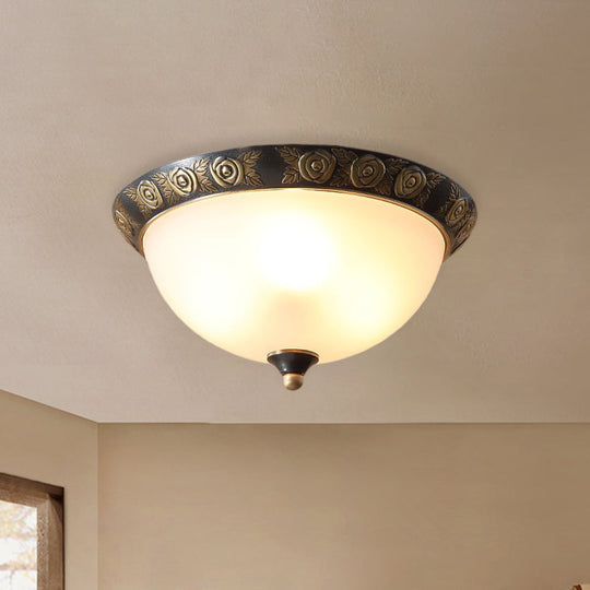 Black Milk Glass Ceiling Lamp With Leaf/Flower Trim - Traditional 3-Head Flush Mount