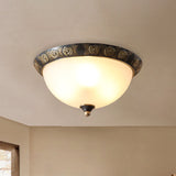 Black Milk Glass Ceiling Lamp With Leaf/Flower Trim - Traditional 3-Head Flush Mount