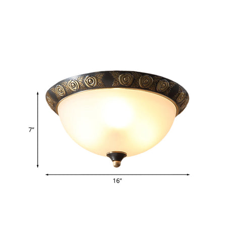 Black Milk Glass Ceiling Lamp With Leaf/Flower Trim - Traditional 3-Head Flush Mount