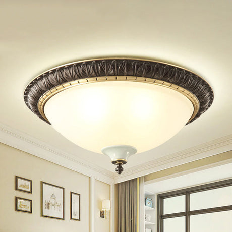 Black Milk Glass Ceiling Lamp With Leaf/Flower Trim - Traditional 3-Head Flush Mount / Leaf